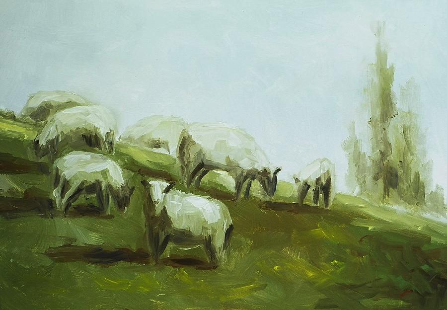 Sheep Painting - Hillside Sheep by Ruth Stromswold Sheep Painting - Hillside Sheep by Ruth Stromswold