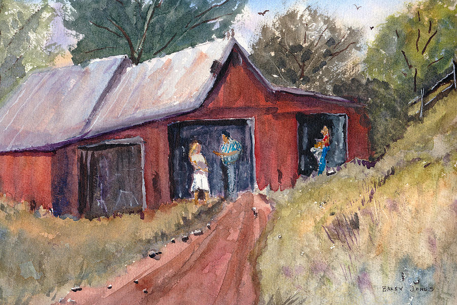 Hillside Talk - Rural Barn - Landscape Painting by Barry Jones