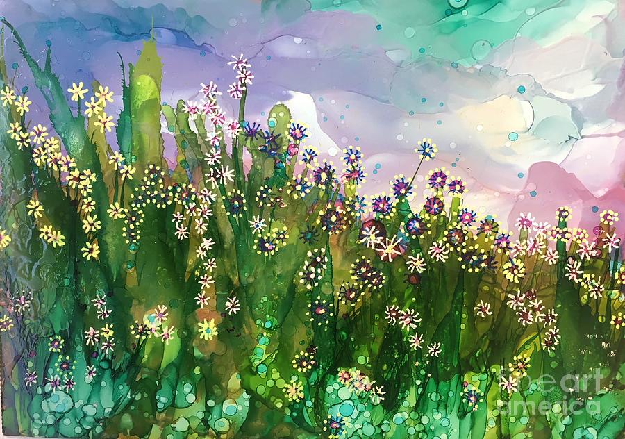 Hilltop Flowers Painting by Nancy Koehler