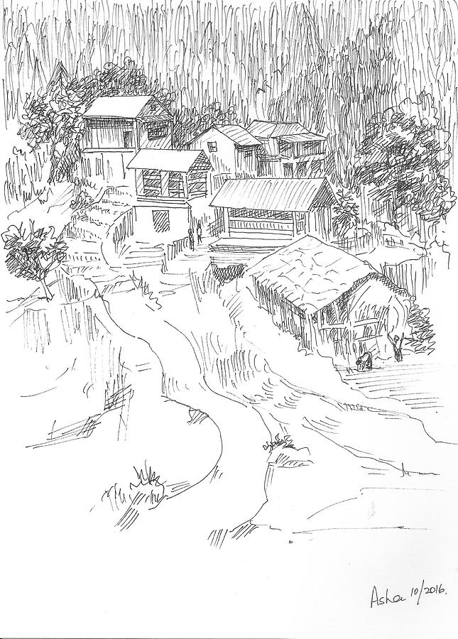 Hilly houses Drawing by Asha Sudhaker Shenoy