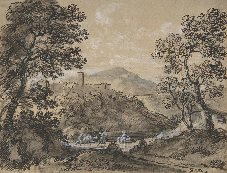 Hilly Landscape with Travellers Drawing by Johann Georg von Dillis