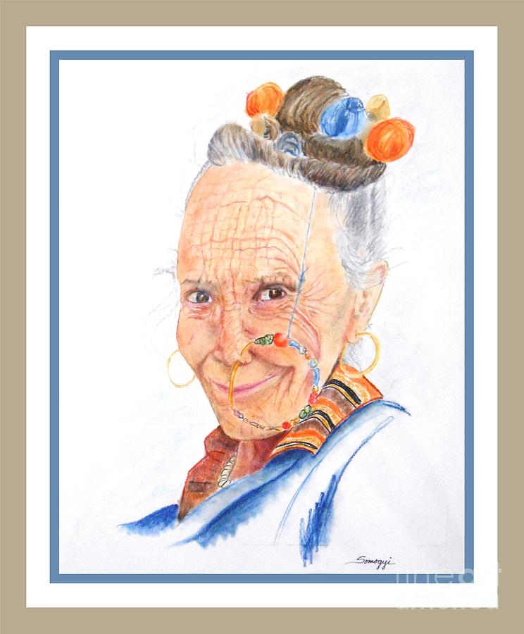 Himalayan Smile Lines -- Portrait of Old Asian Woman Pastel by Jayne Somogy
