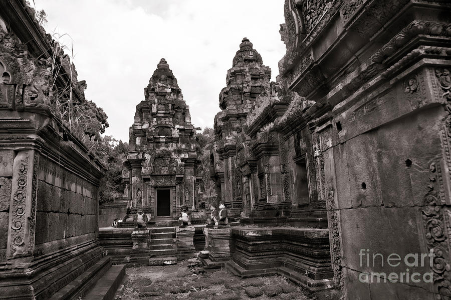 Hinduism Spiritual Banteay Srei Temple Cambodia Sepia Photograph by Chuck Kuhn