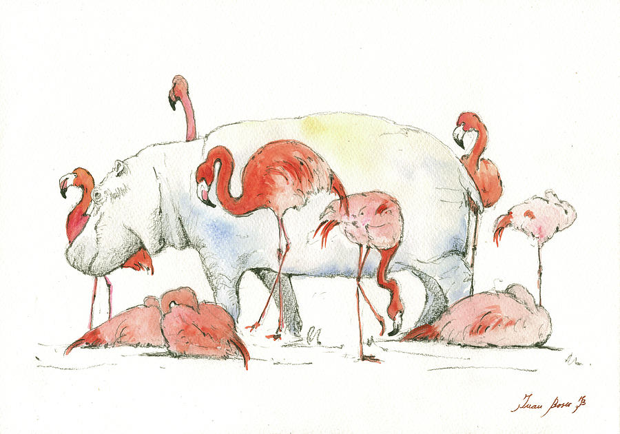 Hippo Nursery Painting - Hippo and flamingos by Juan Bosco