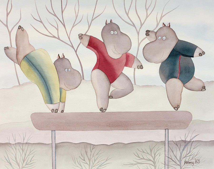Hippopotamus Painting - Hippo Gymnasts by Romy Muirhead