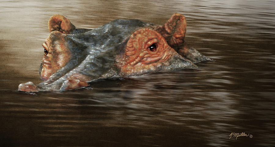 Hippo in the River Painting by Kathie Miller
