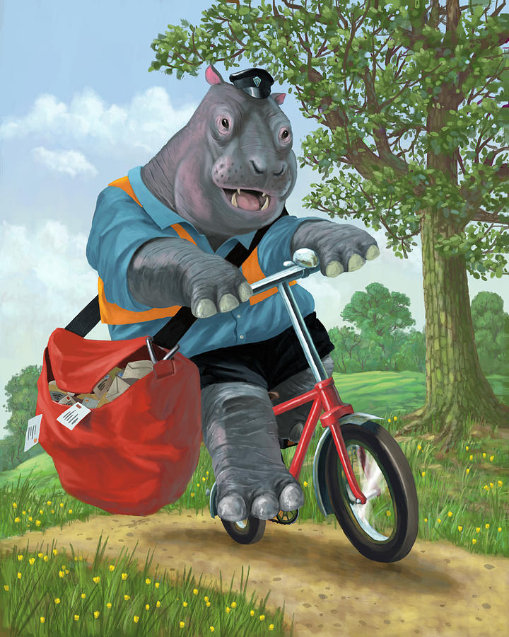 Hippopotamus Painting - Hippo Post Man On Cycle by Martin Davey