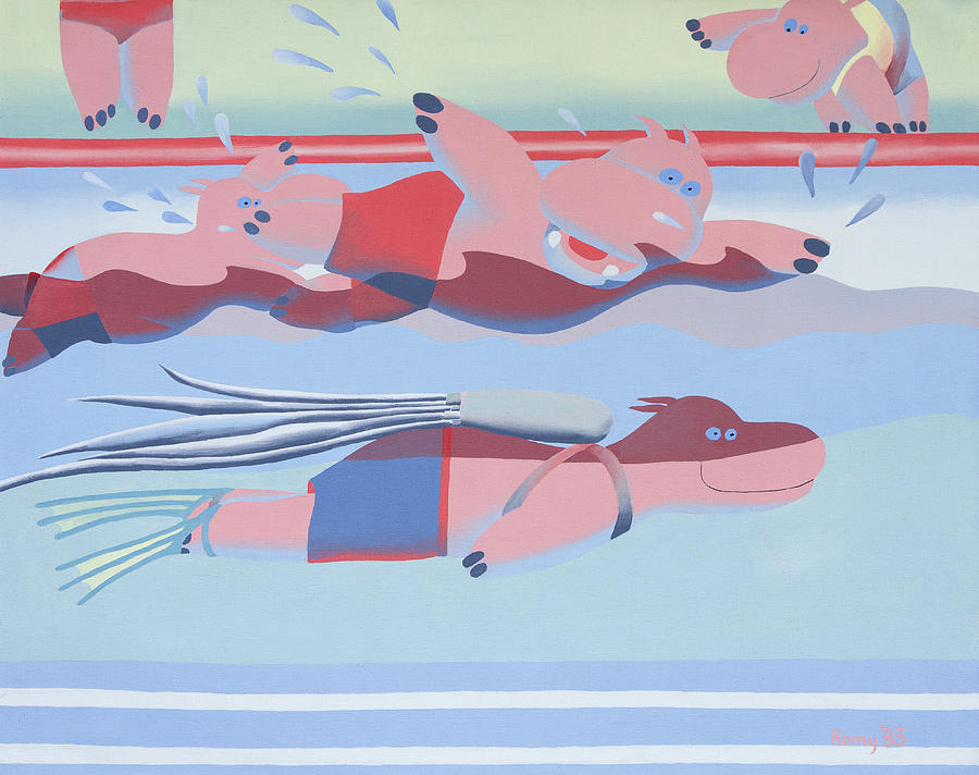 Humorous Painting - Hippo Swimmers by Romy Muirhead