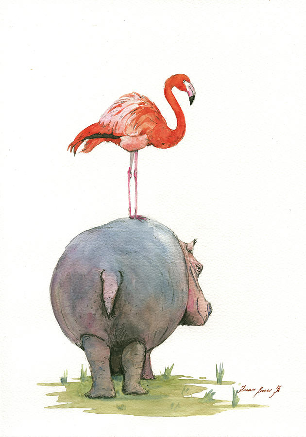 Flamingo Bird Painting - Hippo with flamingo by Juan Bosco