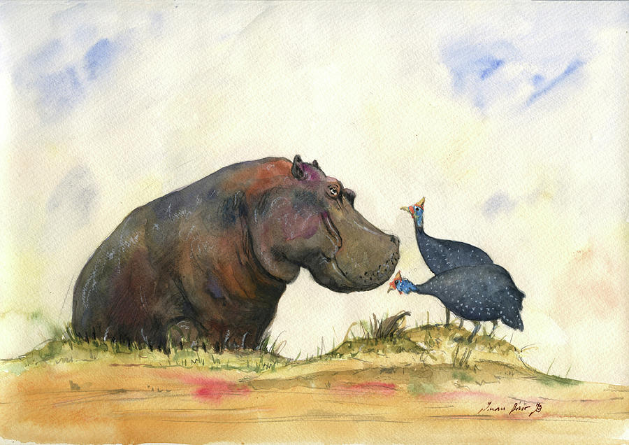 Guinea Fowl Painting - Hippo with guinea fowls by Juan Bosco