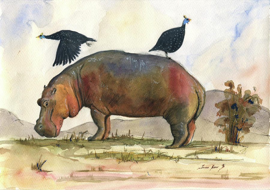 Guinea Fowl Painting - Hippo with guineafowls by Juan Bosco
