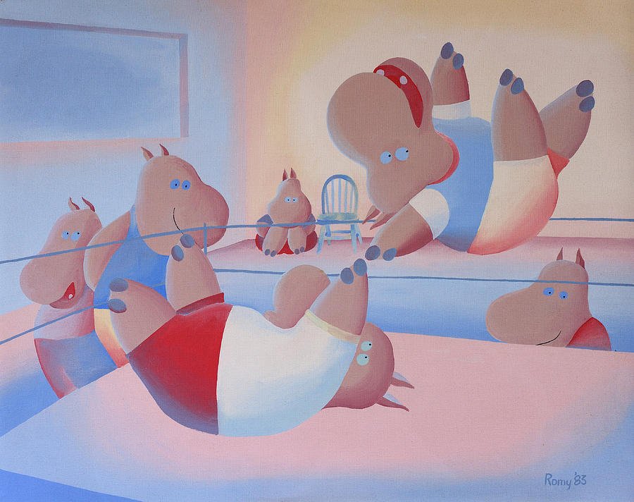 Humorous Painting - Hippo Wrestling by Romy Muirhead