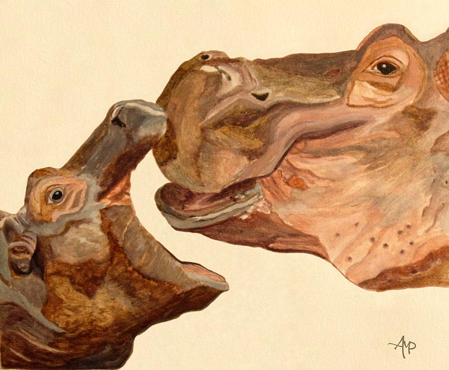 Hippopotamus Painting - Hippos Watercolor by Angeles M Pomata