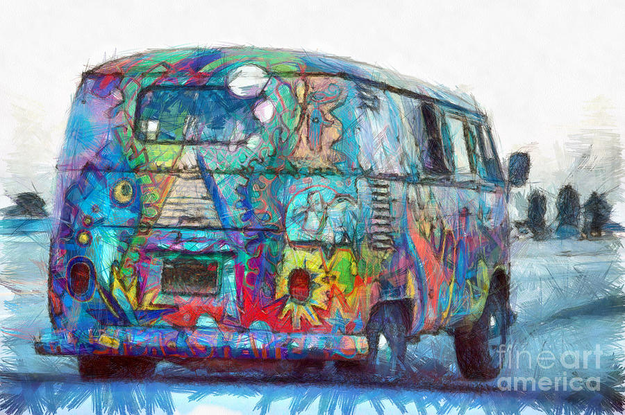 Hippy VW Van Bus Pencil Digital Art by Edward Fielding
