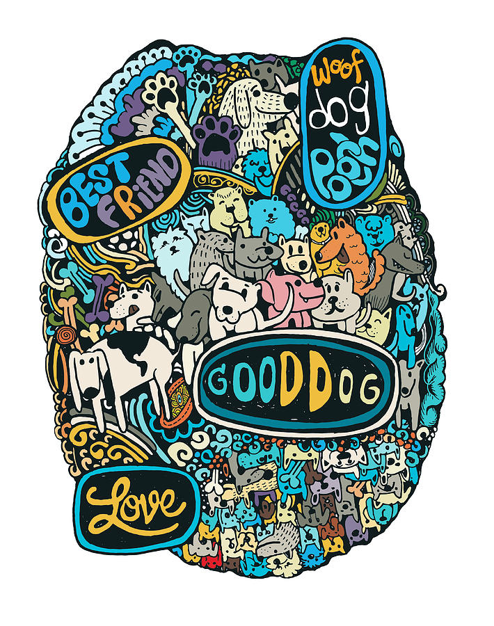 Abstract Digital Art - Hipster Doodles with cute dogs Background by Pakpong Pongatichat