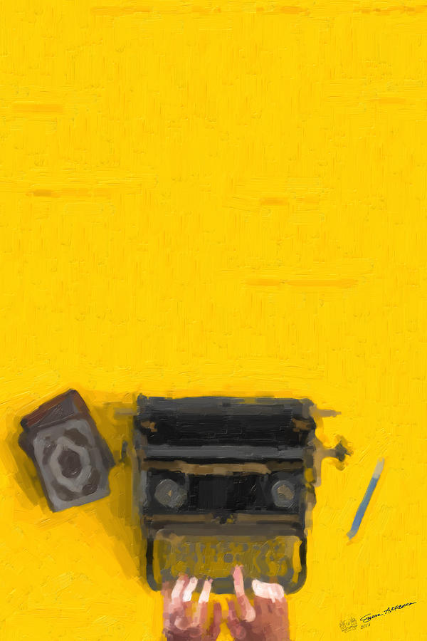 Hipster Worlds - Black Typewriter over Yellow Digital Art by Serge Averbukh