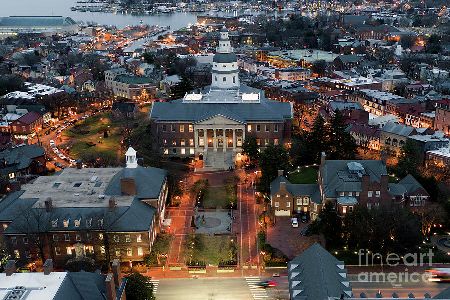 Sunset Photograph - Historic District and Maryland State House at dusk by Bill Cobb