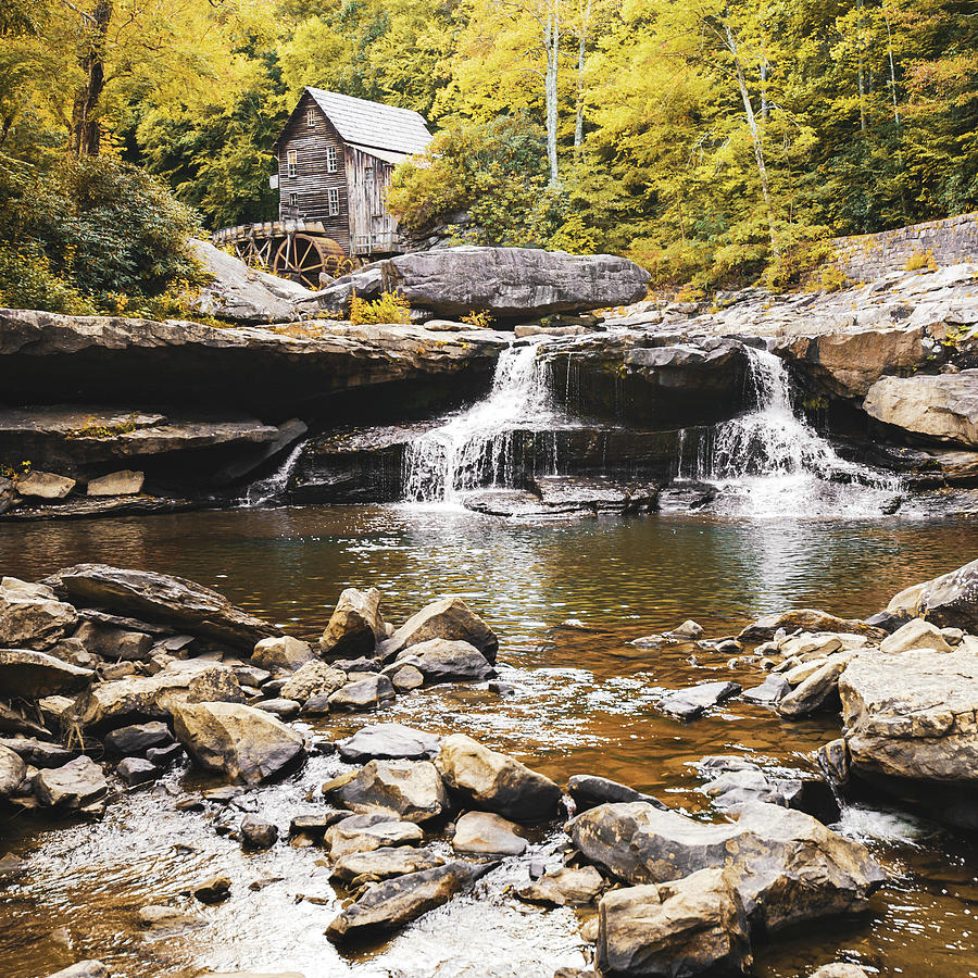 Waterfall Photograph - Historic Glade Creek Grist Mill Autumn Landscape - Square Format by Gregory Ballos