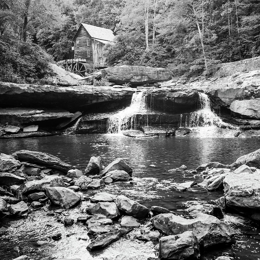 Waterfall Photograph - Historic Glade Creek Grist Mill Monochrome Landscape - Square Format by Gregory Ballos