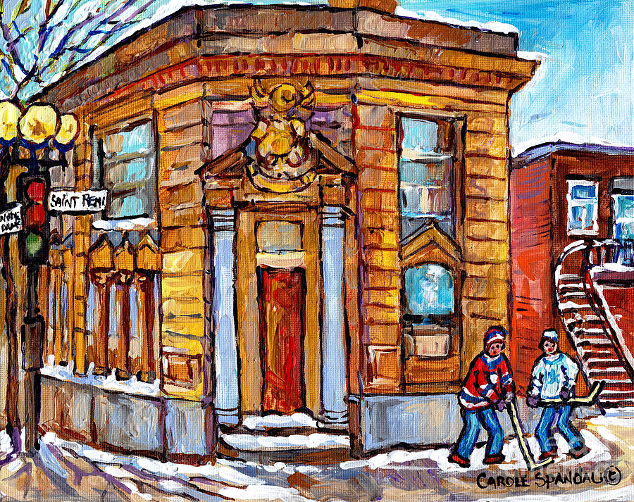 Historic Molson Bank St Henri Rue St Remi And Notre Dame Canadian Landmark Montreal Art C Spandau Painting by Carole Spandau