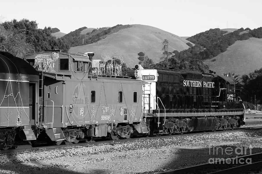 Historic Niles Trains in California . Southern Pacific Locomotive and Sante Fe Caboose.7D10843.bw Photograph by Wingsdomain Art and Photography