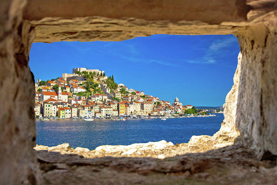 Historic town of Sibenik waterfront view through stone window Photograph by Brch Photography