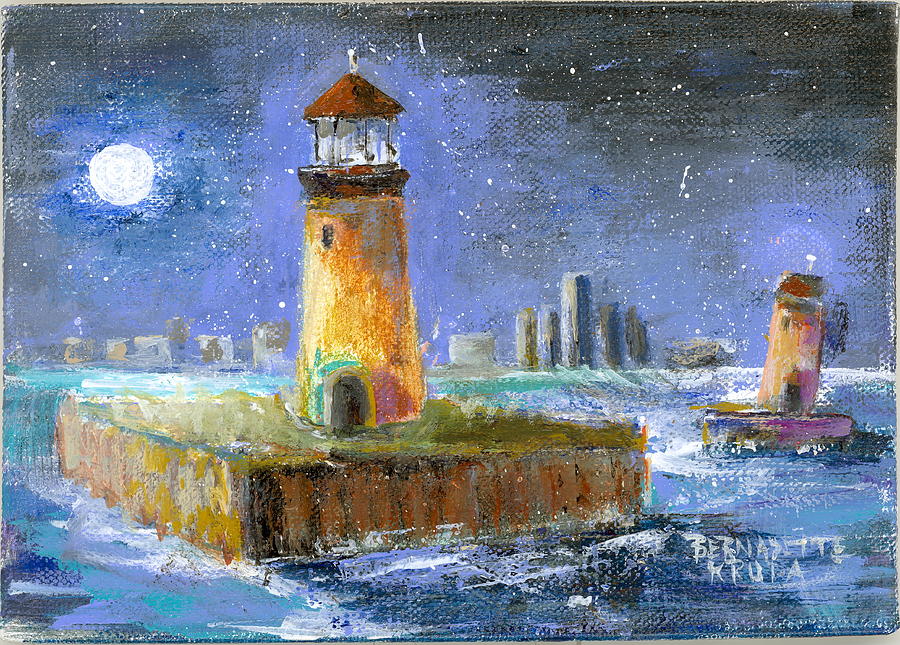 Historical 1859 South Channel Lights Full Moon - Detroit Painting by Bernadette Krupa