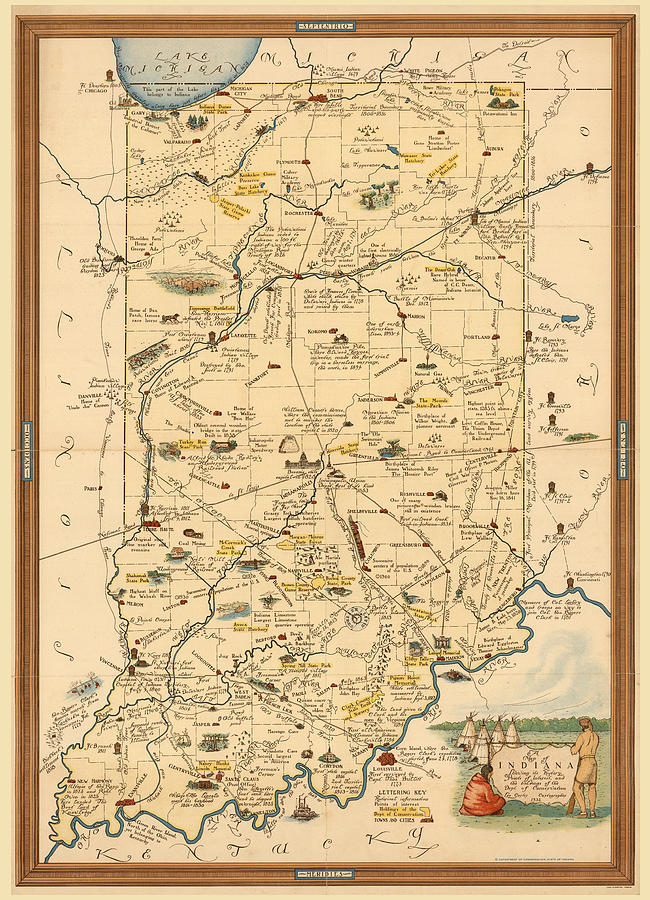Historical Illustrated Map Of Indiana - Cartography - Vintage Map Mixed Media
