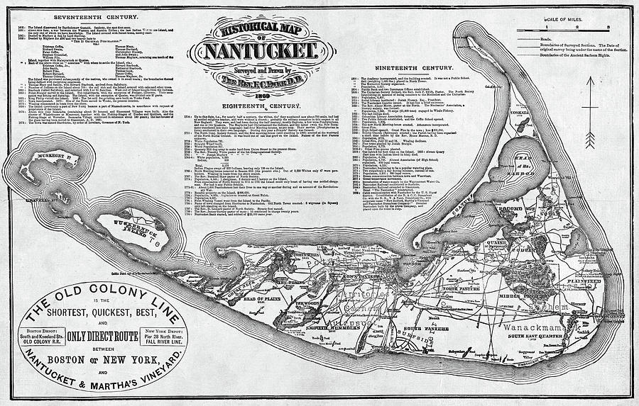 Historical Map of Nantucket from 1602-1886 Black and White Digital Art by Toby McGuire