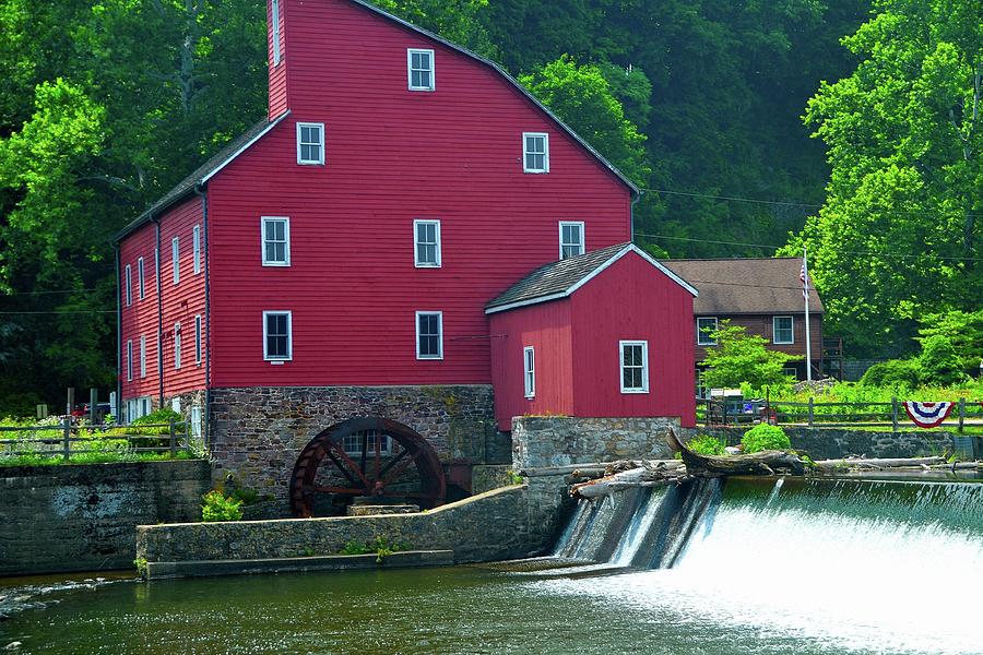 Historical Patriotic Red Grist Mill In Clinton New Jersey Photograph