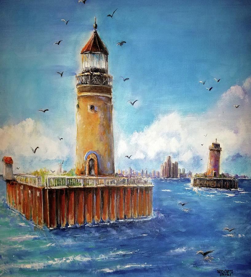 Historical 1859 South Channel Lights Lake St. Clair  Painting by Bernadette Krupa