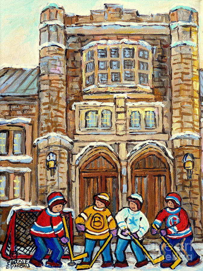 Historical Victoria Hall Westmount Winterscene Painting For Sale Montreal Hockey Art C Spandau Art   Painting by Carole Spandau