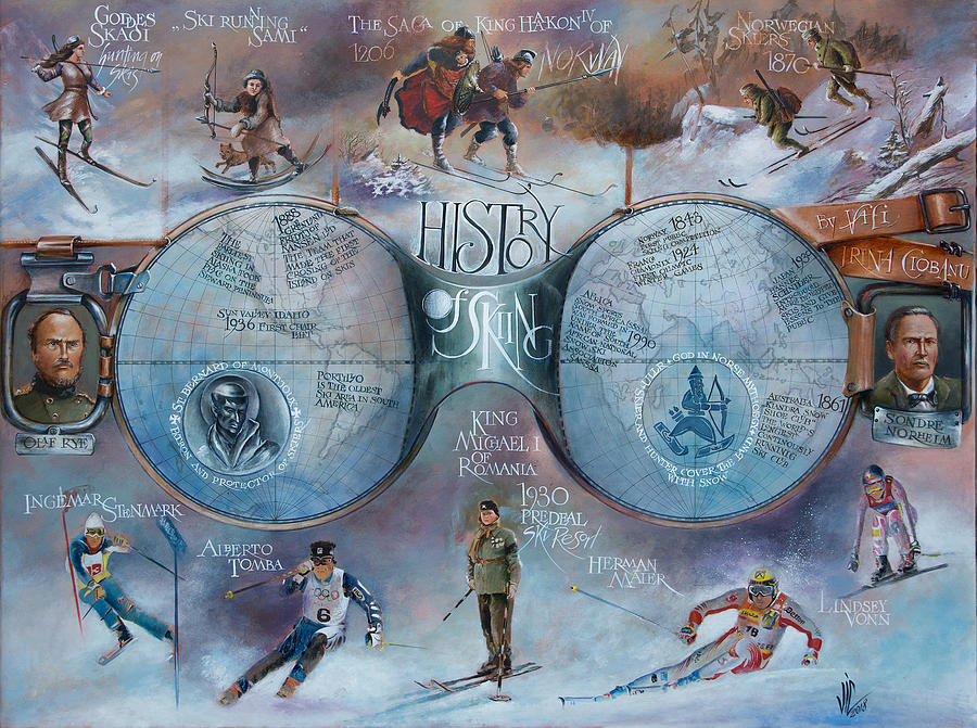 History of skiing map.World map.Ski history.  Painting by Vali Irina Ciobanu