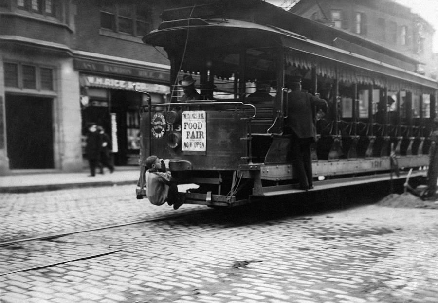 Vintage Photograph - Hitching A Ride On The Trolley - Boston - 1909 by War Is Hell Store