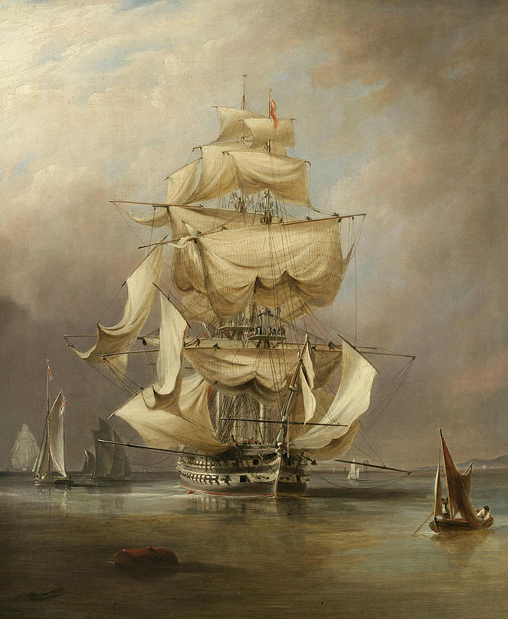 H.M.S. Asia Taking in Her Sails Painting by Richard Brydges Beechey