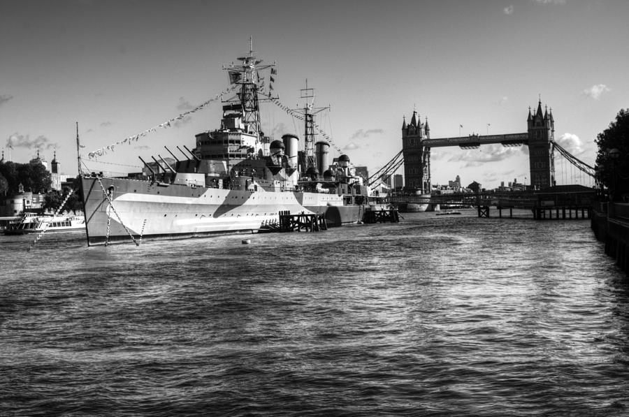 HMS Belfast and Tower Bridge 2 in Black and White Photograph by Chris Day