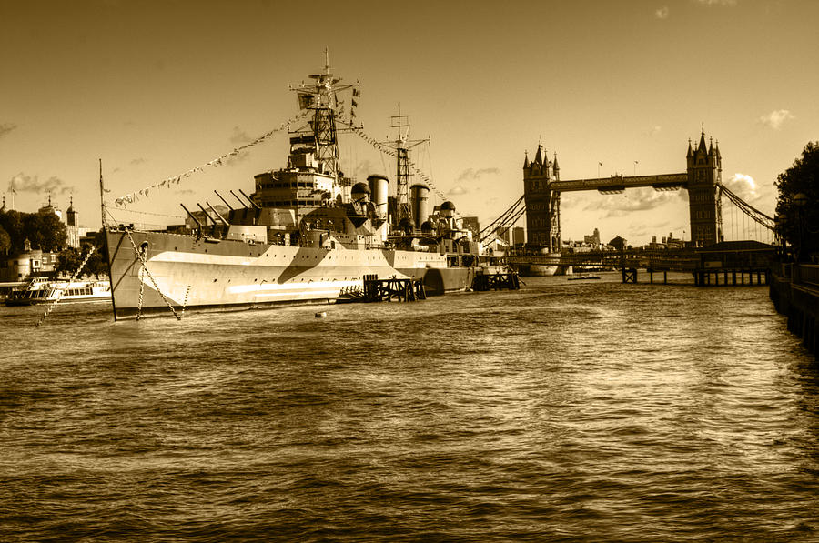 HMS Belfast and Tower Bridge 2 in Sepia Photograph by Chris Day