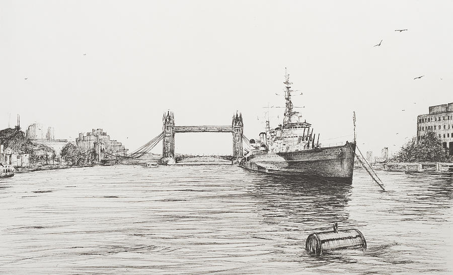 HMS Belfast on the river Thames Drawing by Vincent Alexander Booth
