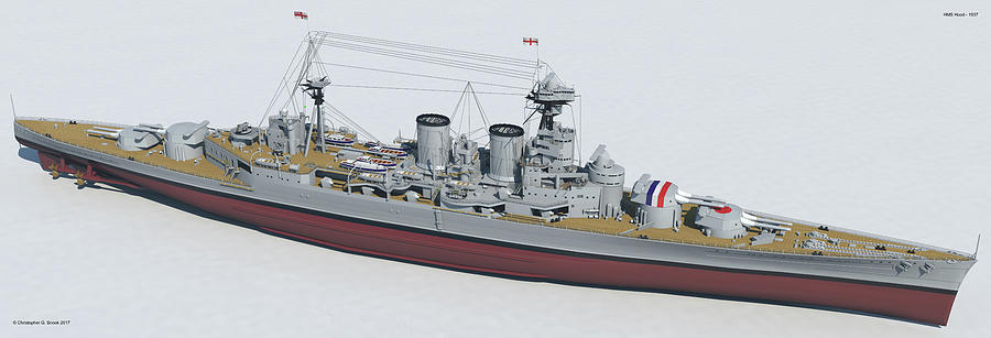 Hms Hood 1937 - Bow To Stern Tech Digital Art by Christopher Snook