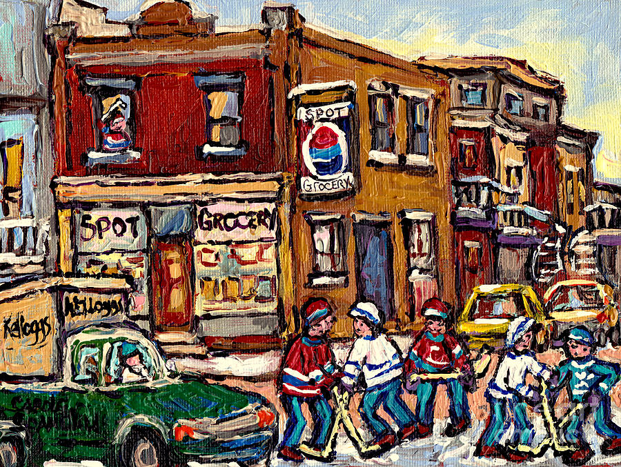 Hockey Art Montreal Memories Spot Grocery Original Canadian Painting Winter Scenes Carole Spandau Painting by Carole Spandau