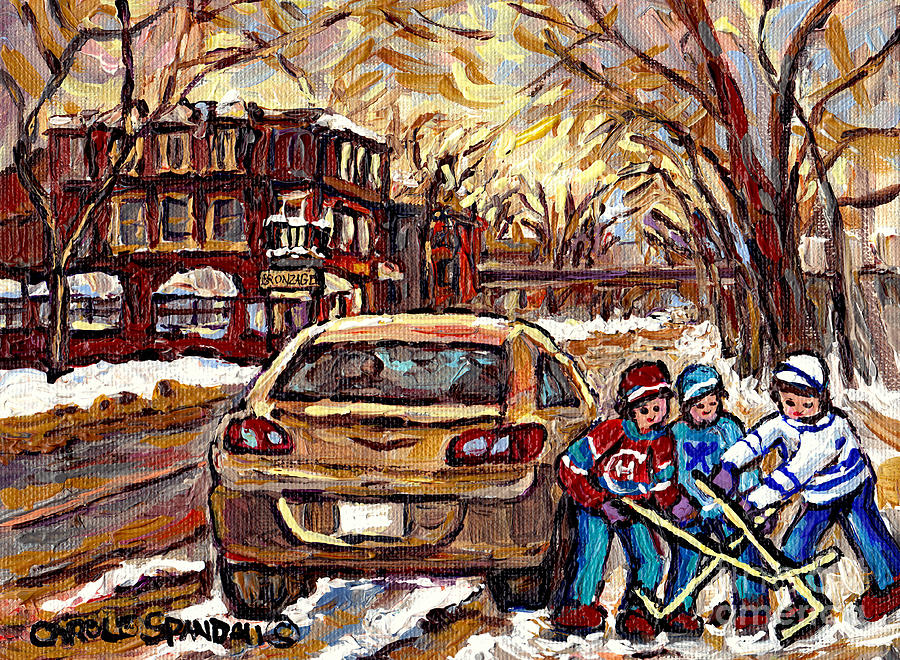 Hockey Art Original Canadian Paintings Streets Of Montreal Winter Scene In The Pointe Carole Spandau Painting by Carole Spandau