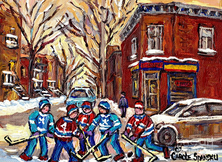 Hockey Art Streets  Montreal Pointe St Charles Canadian Painting Corner Store Winter  Carole Spandau Painting by Carole Spandau