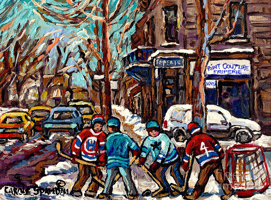 Hockey Painting - Hockey Art The Boys Of Psc Cold Day At The Pointe Friperie Canadian Art Original Painting C Spandau by Carole Spandau