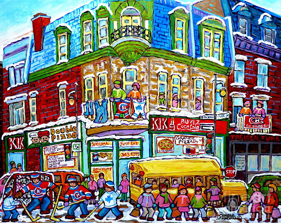 Hockey Art Winter Street Painting Double Pizza Restaurant Scenes Canadian Artist Carole Spandau      Painting by Carole Spandau