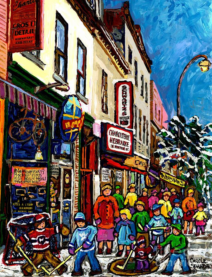 Hockey Fun On The Main Montreal Memories Schwartzs To Warsaws Canadian Art Winter City Scene Art Painting by Carole Spandau