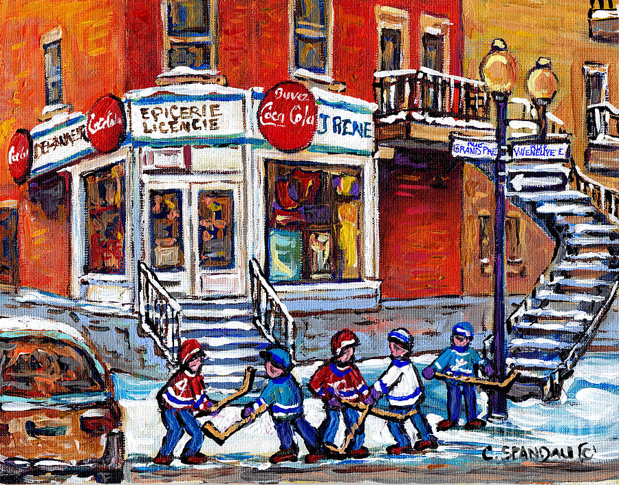 Hockey Game Art Coca Cola Corner Store Painting J Rene Rue Villeneuve At Grand Pre Montreal Scenes  Painting by Carole Spandau