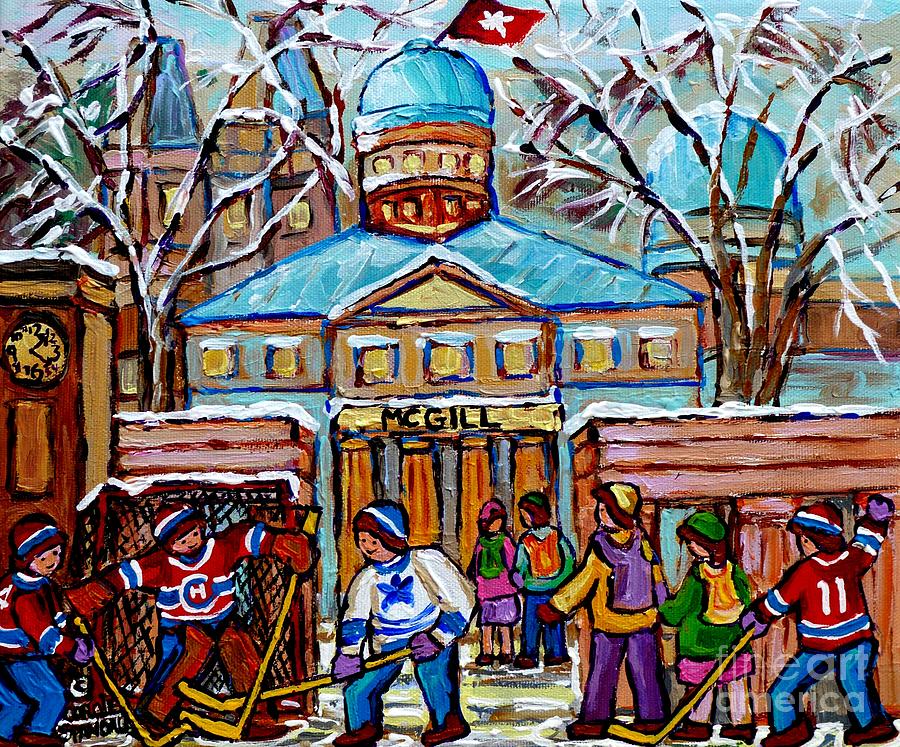 Hockey Game At Roddick Gates Mcgill University Rue Sherbrooke Winter Scene Carole Spandau Paintings  Painting by Carole Spandau