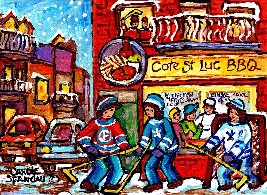 Hockey Game Cote St Luc Bbq Montreal Winter Street Scene Canadian Painting For Sale Carole Spandau Painting by Carole Spandau