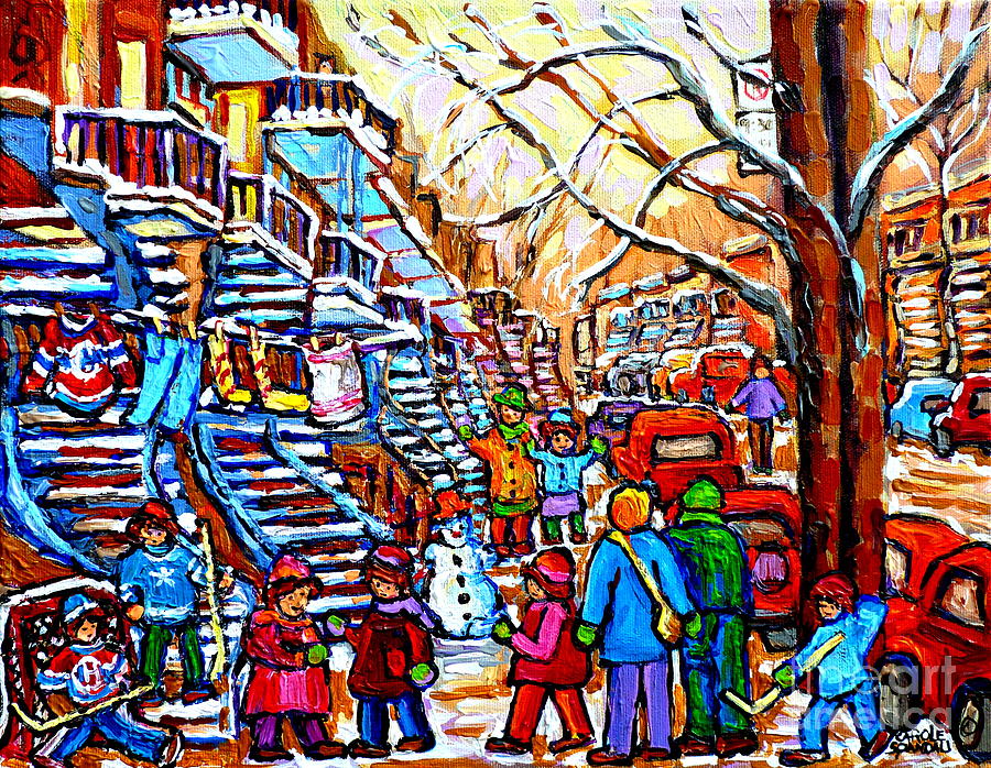 Hockey Game Off Rue Wellington Colorful Kids Painting Verdun Montreal Blue Winding Staircase Scene Painting by Carole Spandau