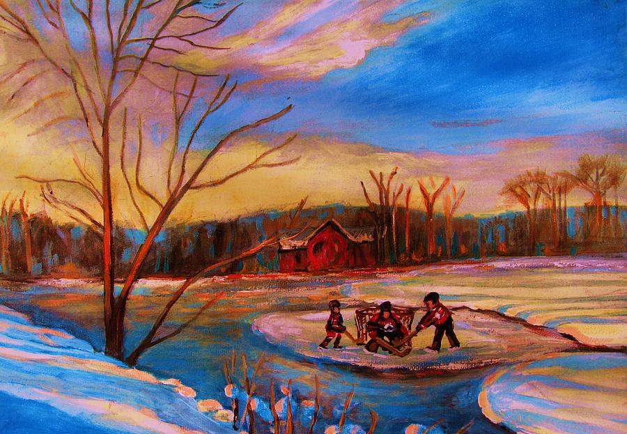 Hockey Game On Frozen Pond Painting by Carole Spandau